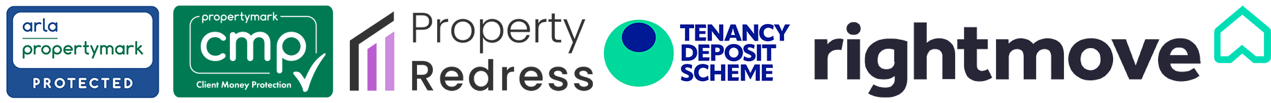 Compliance Logos for Arla, PropertyMark CMP, Property Redress, Tenancy Deposit Scheme and Rightmove